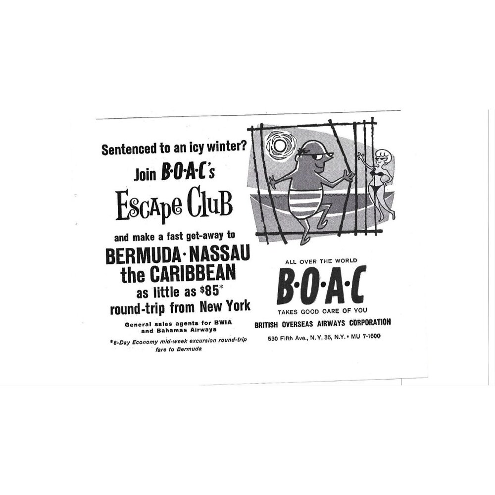 British Overseas Airways Bermuda New York City 1960s Vintage Print Ad